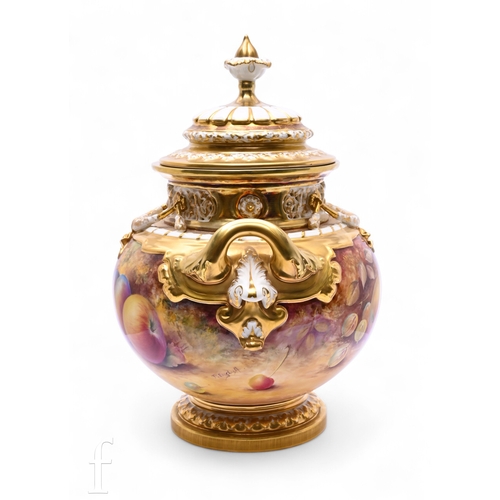 414 - Paul English for Royal Worcester, a fruit painted Bow vase, circa 1975, twin handled footed form, th... 