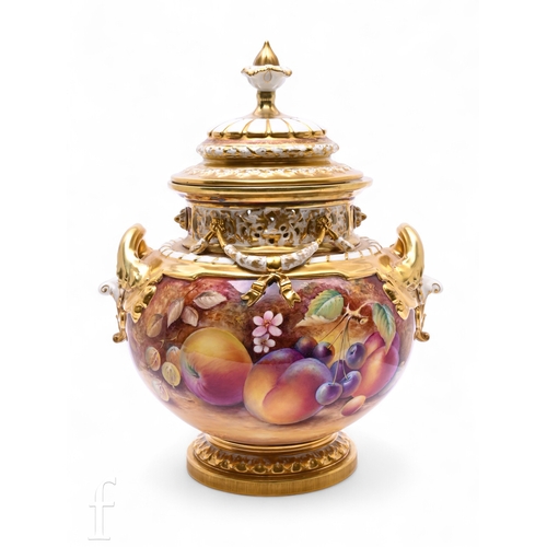 414 - Paul English for Royal Worcester, a fruit painted Bow vase, circa 1975, twin handled footed form, th... 
