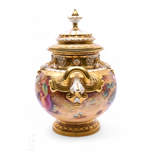 414 - Paul English for Royal Worcester, a fruit painted Bow vase, circa 1975, twin handled footed form, th... 