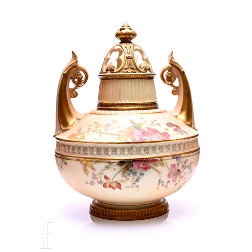 476 - A Royal Worcester late Victorian blush ivory pot pourri vase and cover, compressed spherical form wi... 