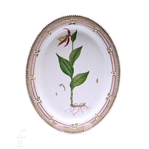 478 - A Royal Copenhagen Flora Danica serving plate, of oval form, hand painted with botanical study of Cy... 