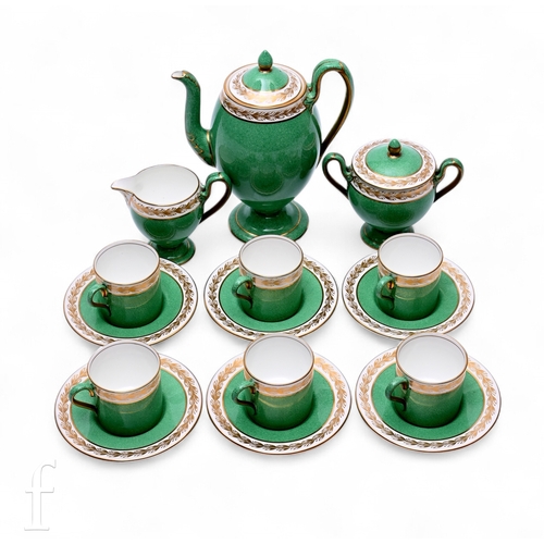 479 - A Wedgwood coffee service, the coffee pot of ovoid footed form with powder green glaze and gilded fo... 