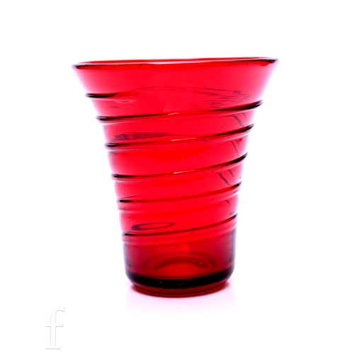 774 - A 1940s Whitefriars glass forked footed vase designed by James Hogan, pattern number 9251, the compr... 