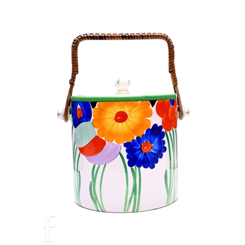 494 - A 1930s Art Deco Keeling & Co Losol Ware biscuit barrel, the cylindrical body hand painted with ... 