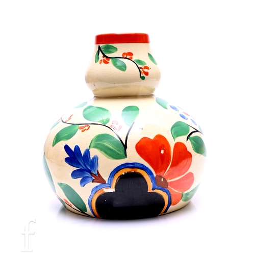 495 - A 1930s Art Deco vase by Lancaster & Sons of double gourd form, hand painted with stylised flowe... 