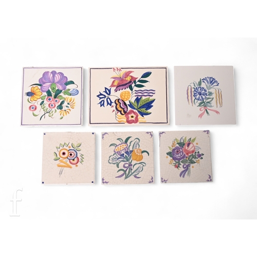 508 - A collection of Carter & Co (Poole Pottery) handpainted tiles, to include a plastic clay 5 inch ... 