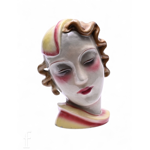 509 - A 1930s Art Deco German ceramic bust of a fashionable stylised lady with curled hair, picked out in ... 