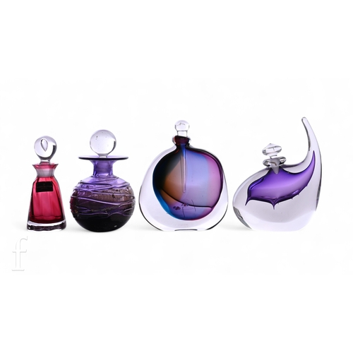704 - Chris Comins, a studio glass scent flask, compressed ovoid form, clear over purple and teal core, wi... 