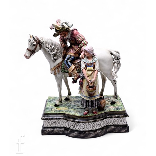 489 - A Capodimonte figure group, gallant and horseback with peasant girl carrying a water jar, on bowed s... 