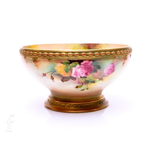 482 - A Royal Worcester rose painted pedestal bowl by William (Harry) Austin, circa 1906, of circular form... 