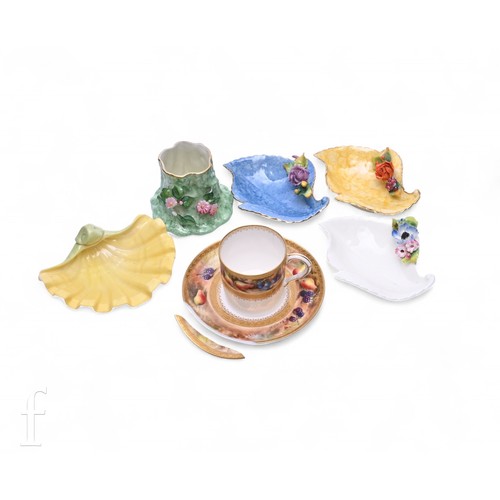 485 - Three Royal Worcester leaf form pin dishes, circa 1938, two with sponged ground and applied flowers ... 