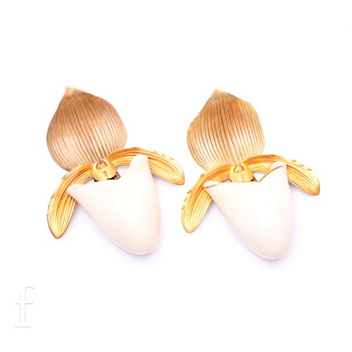 487 - A pair of Royal Worcester Orchid wall pockets, circa 1890, reeded stylised leaves and petals and blu... 