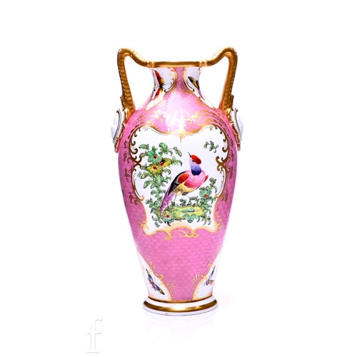 488 - A Grainger's Worcester vase, circa 1899, of baluster form with twin horned mask handles, decorated w... 
