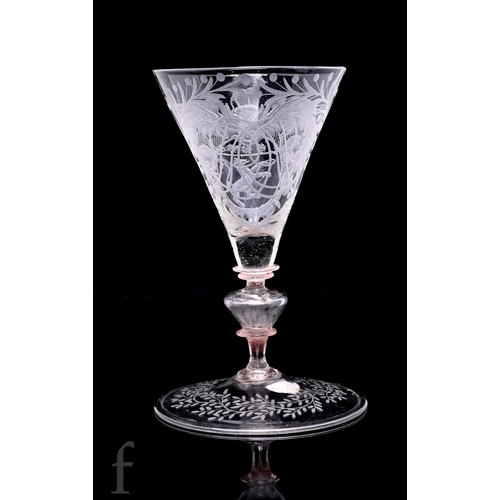 727 - An early English or Netherlands wine glass, circa 1680 of&nbsp;fa&ccedil;on de Venise&nbsp;type with... 