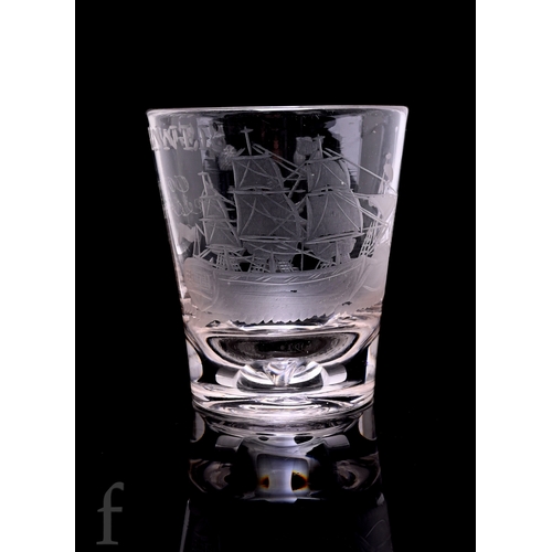 739 - A mid 19th Century heavy tumbler with illusion base, engraved with a scene of three masted sailing v... 