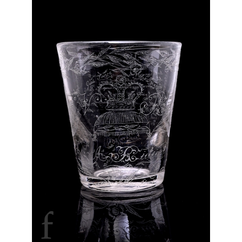 740 - A 19th Century tumbler of flared form with optic base, the body diamond point engraved in the manner... 