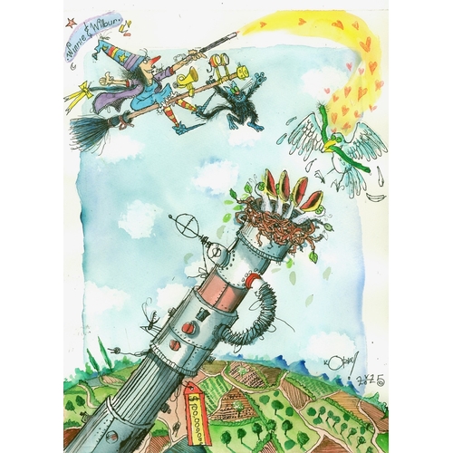 kOrky Paul (children's book illustrator) - 'Winnie the Witch and Dove', watercolour and fine liners, 38cm x 38cm, card mounted, 49cm x 39cm.