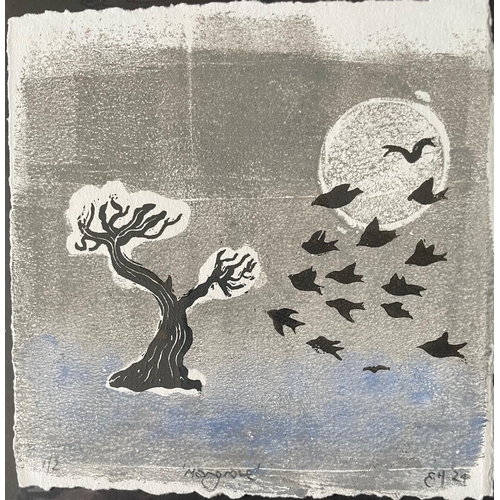 1512 - Emily Hancock (Artist) - A pair of lino prints, 'Luna', lino print, black ink on white paper, 12.5cm... 
