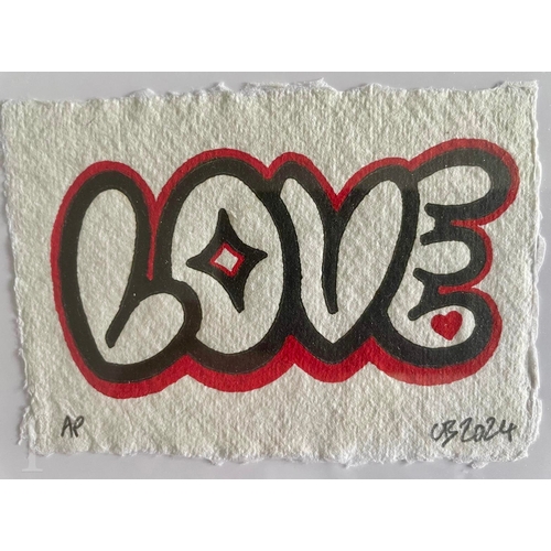 1504 - Chris Bourke (Artist and printmaker) - A pair of lino prints, 'LOVE', Lino print - red, black on whi... 
