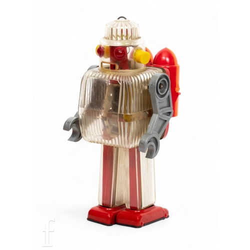 404 - A 1950s Daiya Ranger plastic battery operated robot with clear plastic body and legs, red feet, grey... 