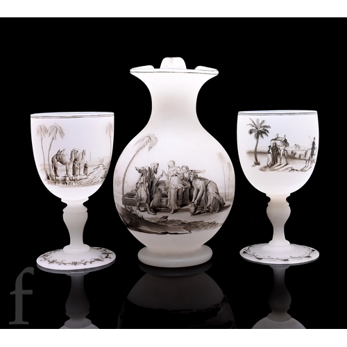 156 - A mid 19th Century Richardsons satinised opal alabaster ware ewer & matching goblets, the ewer w... 