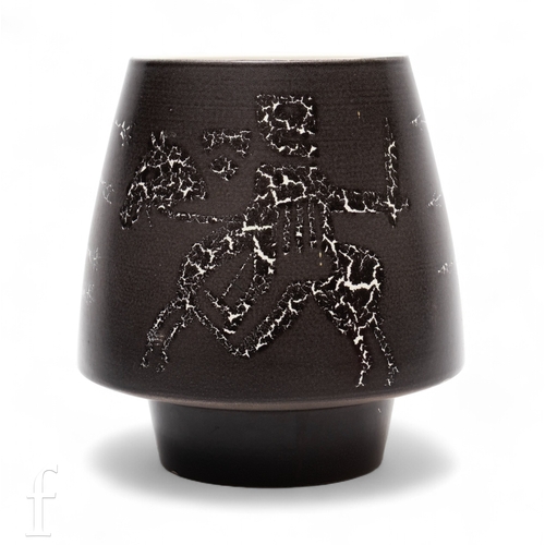 263A - A Poole Studio pottery vase, of tapered conical form on circular foot, craquelure en grisaille styli... 