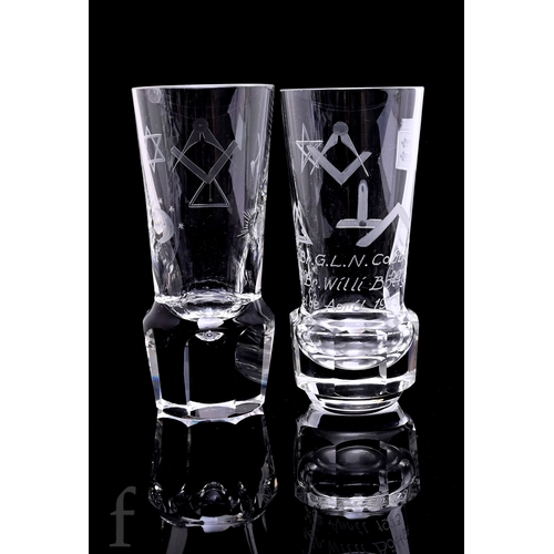 185 - A pair of later 20th Century Masonic glasses, each with cylindrical body etched with engraved masoni... 