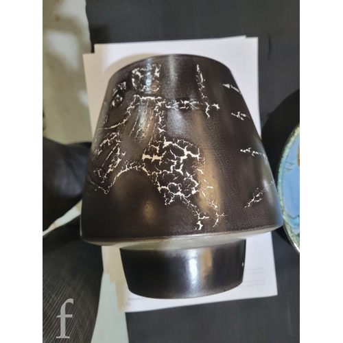 263A - A Poole Studio pottery vase, of tapered conical form on circular foot, craquelure en grisaille styli... 