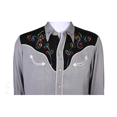 123 - A 1970s John Bonham owned and worn Western style shirt, the grey and black shirt with embroidery,  w... 