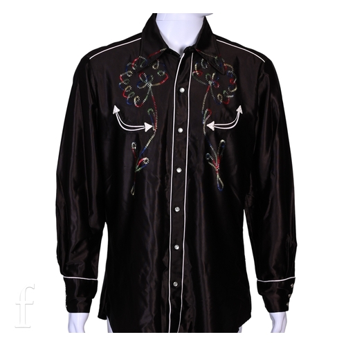 124 - A 1970s John Bonham owned and worn Western style shirt, the black shirt with embroidery, with label ... 