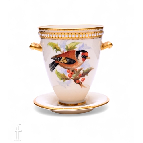 162 - John Hopewell (attributed) for Royal Worcester, a twin handled vase on integral stand, flared form a... 