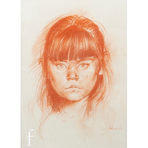 1101 - John Edwards R.A. (1940-2020) - Portrait of a young girl, bust length, sanguine chalk, signed, frame... 