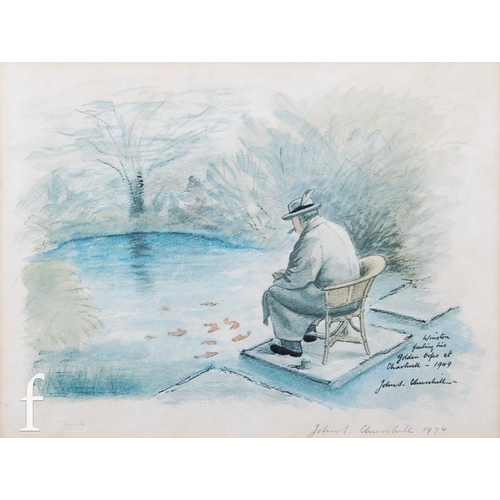 1130 - John Spencer Churchill (1926 - 2014) - 'Winston feeding his Golden Orfes', colour print, signed and ... 