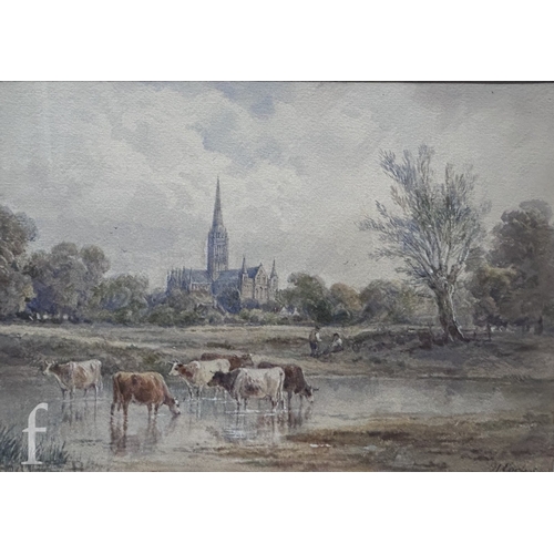 1051 - Henry Earp Snr. (1831-1914) - Cattle watering in a landscape with a cathedral in the distance, water... 