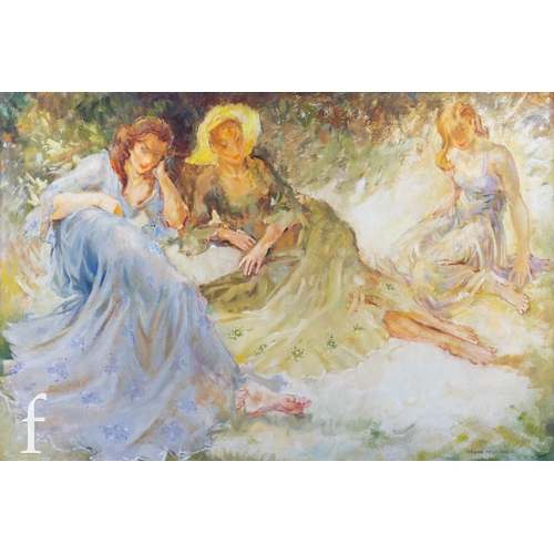 1071 - Irene Welburn ROI, RBSA (1910–2000) - 'Sprigged Muslin', oil on board, signed also signed and inscri... 