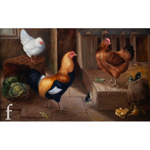 1078 - Follower of Edgar Hunt (1876-1953) - A cockerel and hens in a barn interior, oil on board, framed, 1... 