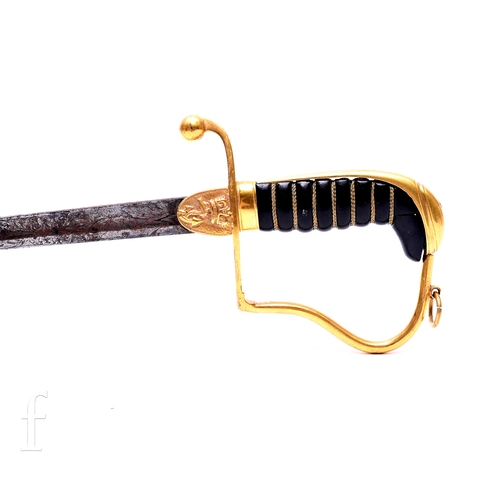 640 - A George III Royal Navy officer's small sword, 68cm engraved blade, gilt brass cross guard with down... 