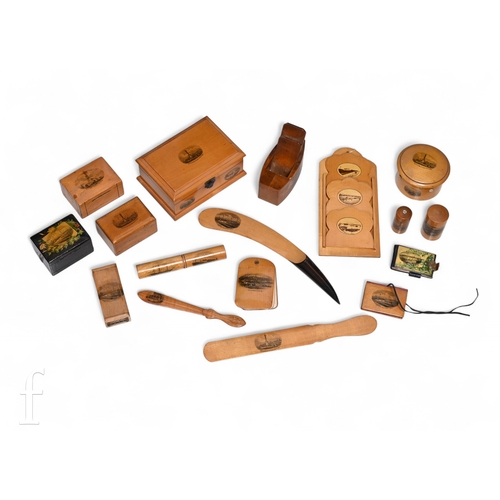 489 - A Mauchline ware three divisioned Southsea and Portsmouth letter rack, a small box nose plane HMS Vi... 