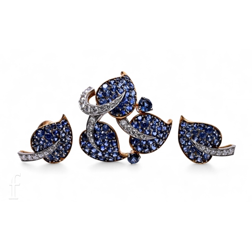 Van Cleef & Arpels; A sapphire and diamond brooch and ear clips, circa 1960-70, the brooch composed of three trailing vine leaves, each pave set with circular-cut sapphires and graduating brilliant-cut diamonds to the stems, with two circular mixed-cut sapphire highlights, double prong fitting, marked 'VAN CLEEF & ARPELS NY' and numbered 27405', total weight 17.3g, 3.5cm x 3.5cm, the earrings of single vine leaf similarly set, clip fittings, each marked 'VAN CLEEF & ARPELS NY' one numbered '18922', total weight 10.2g, 2.5cm x 1.5cm.