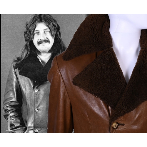 A 1970s John Bonham owned and worn brown leather Jacket with brown faux fur trim collar, no makers label, with label stating made in spain, armpit to armpit 22", overall length 44", arm length 24.5". 