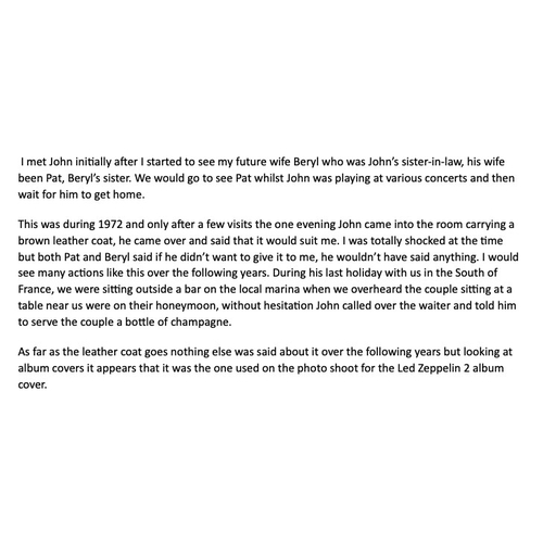 121 - A 1970s John Bonham owned and worn brown leather Jacket with brown faux fur trim collar, no makers l... 