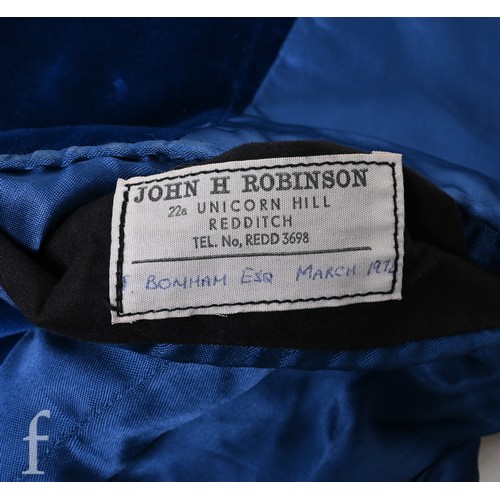120 - A 1978 John Bonham owned and worn blue velvet suit, with inside pocket label John H. Robinson 22a Un... 