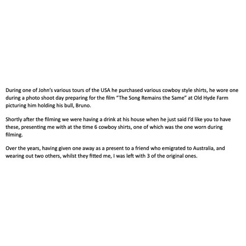 122 - A 1970s John Bonham owned and worn Western style cream coloured embroiderd shirt, worn for a shootin... 