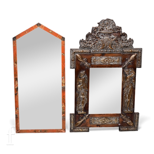 735 - A 19th Century mirror of classical form embellished with embossed classical figures below a repousse... 