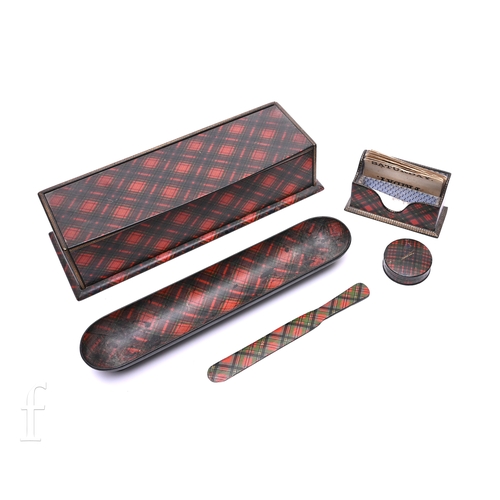 531 - A tartan ware rectangular glove box, width 25cm, a small calendar box and paper knife, clan Prince C... 