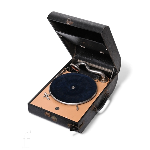 539 - A Decca 10 portable wind up gramophone in black leather finish case, width 29cm.
