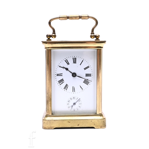 700 - A 20th Century brass carriage clock by R & Co,  white enamel dial incorporating subsidiary dial,... 