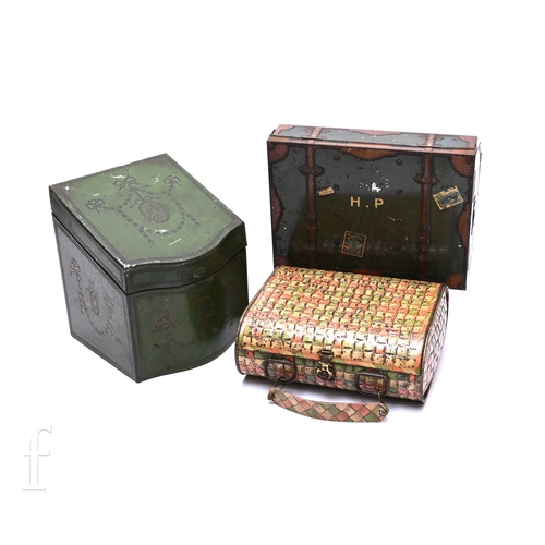 632 - Three Huntley and Palmers biscuit tins, one in the form of a leather bound travel case, one canteen ... 
