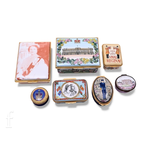 557 - A Halycon Days enamel rectangular box of Buckingham Palace, another of the Queen Mother and five sim... 
