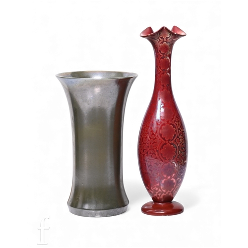 21 - An early 20th Century art pottery flambe vase, elongated teardrop form with trefoil rim, decorated w... 